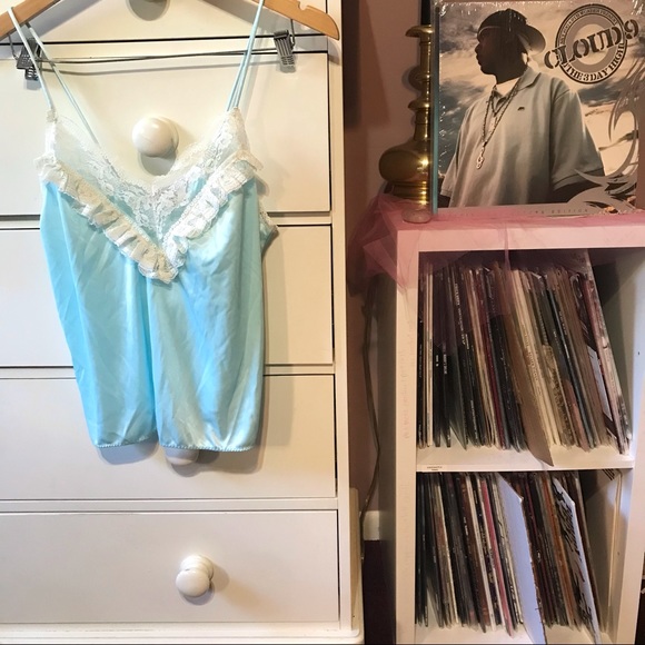 True Vintage Baby Blue Satin Cami Tank Top Y2k Lace Blouse Pastel Small 80’s - Picture 1 of 12